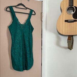 Vintage Emerald Green Lace Slip Dress brocade pattern Lucie Ann women size small